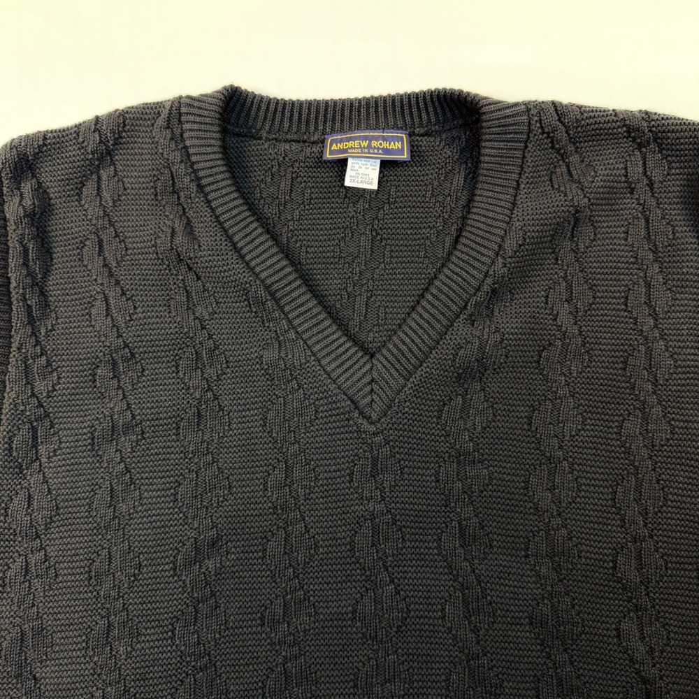 Andrew Rohan Sweater Vest Mens 2XL Black Cable Knit 100% Cotton USA Made Vintage